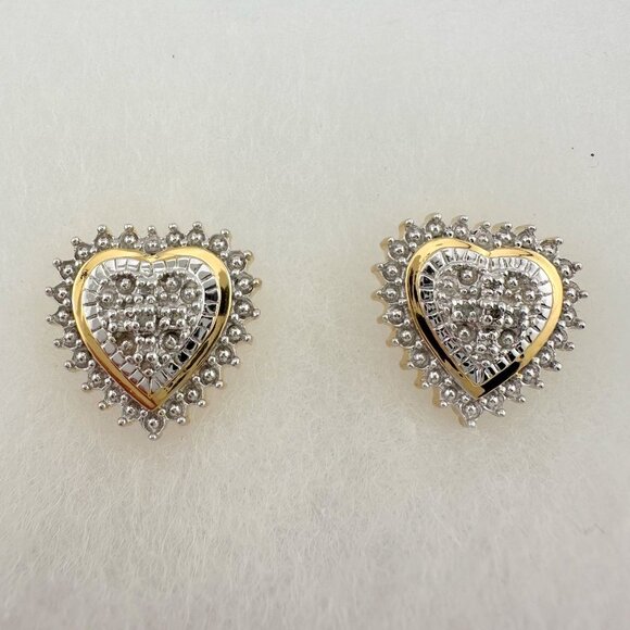 Two Tone Diamond Heart Stud Earrings in Sterling with 14 kt Gold Overlay - Picture 4 of 15